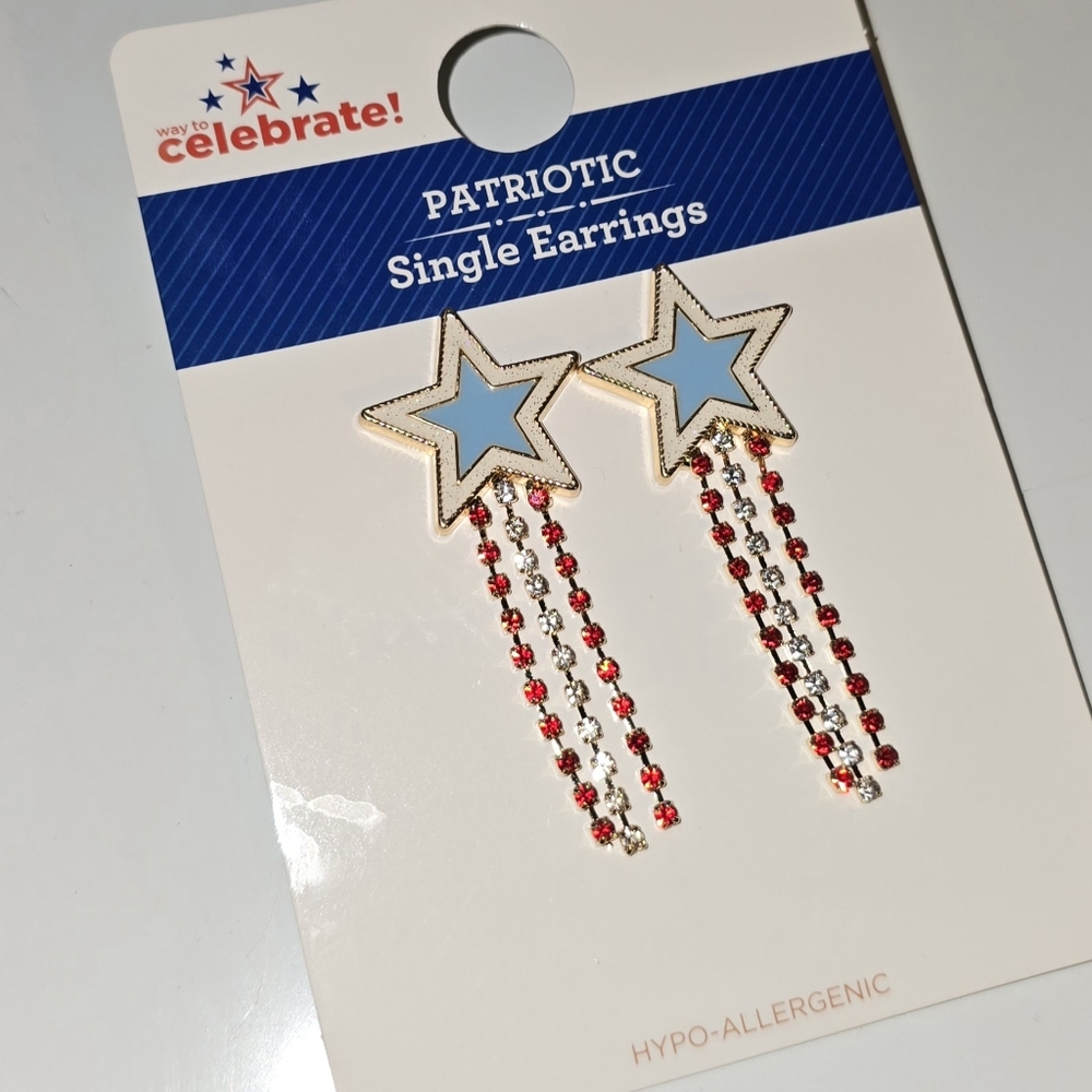 Patriotic Star Post Dangle Earrings Red White Blue Hypo-Allergenic New